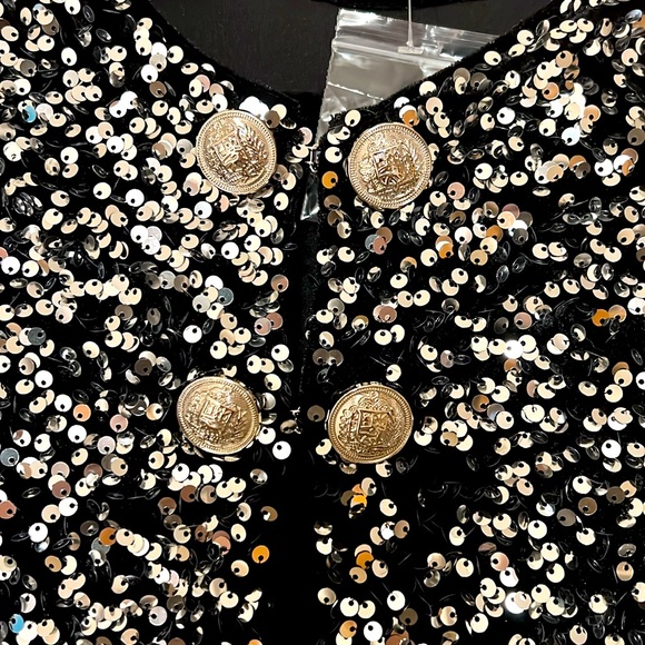 Boston Proper. Silver and Black Sequins Metallic Jacket. Size S. Silver Buttons. - Picture 4 of 7